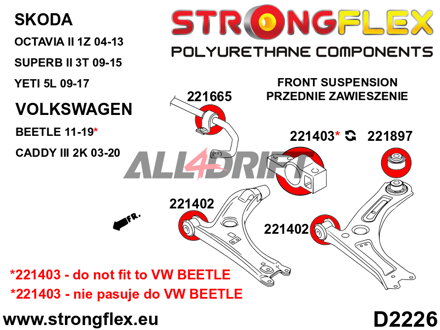 221897B Casquillo trasero del brazo de control inferior delantero de 65mm Audi / Seat / Škoda / VW