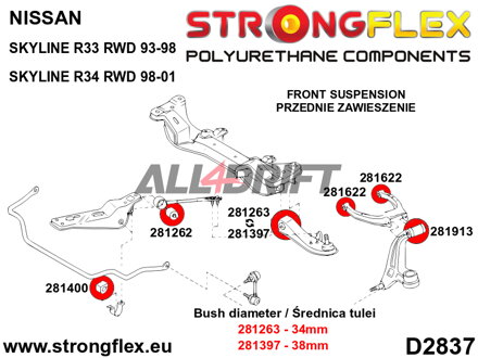 281263A Casquillo interior del brazo de suspensión delantero 34mm SPORT - Nissan V (88-98) S13